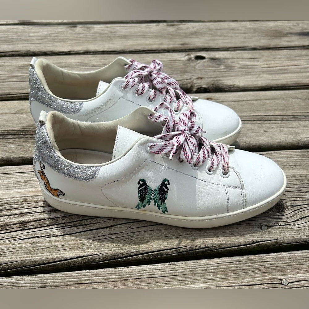 MAJE Funny embroidered glitter white leather lace up low top sneakers EU 39 US 8